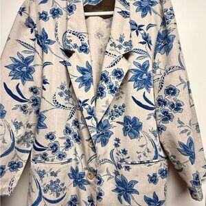 Alfred Dunner Blue Floral Linen-Blend Blazer